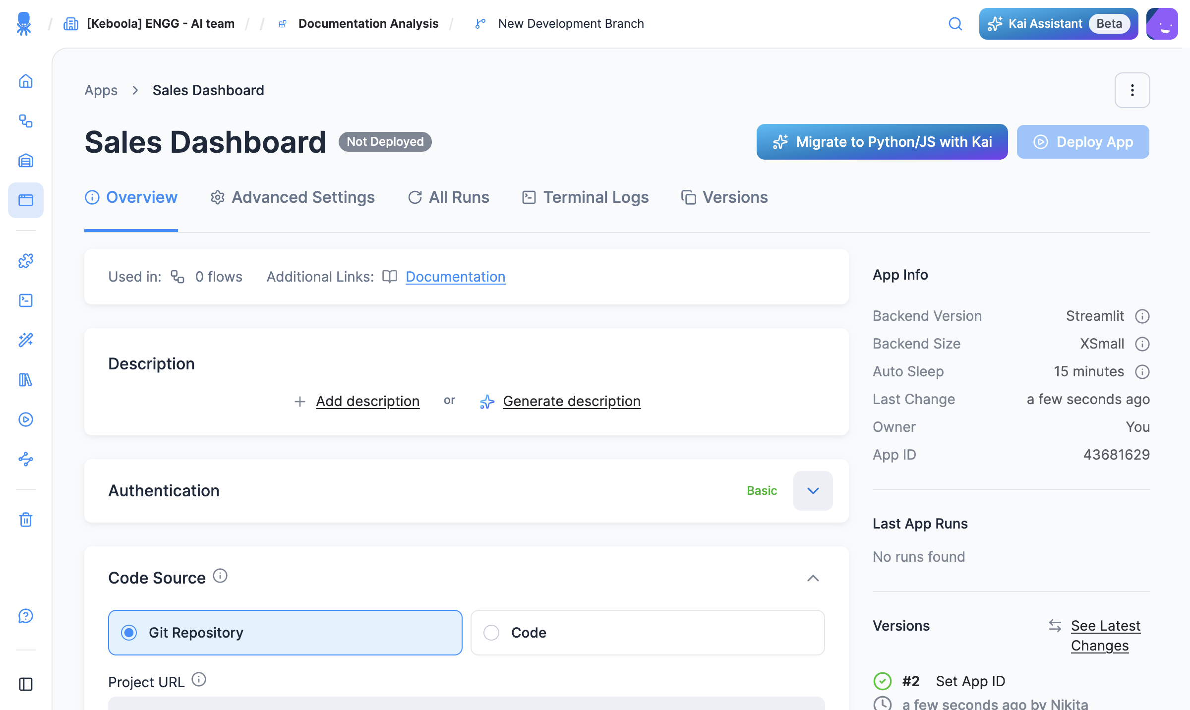The app's configuration page: the Overview tab with Authentication and Code Source (Git Repository or Code), plus the App Info panel showing backend version, size, auto-sleep, and App ID