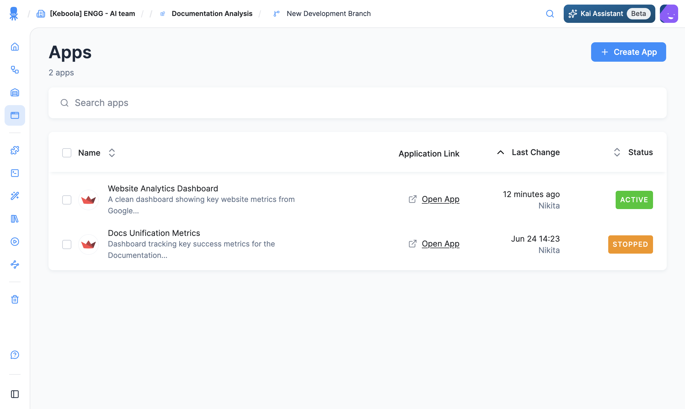 The Apps list in a Keboola project with the Create App button in the top right
